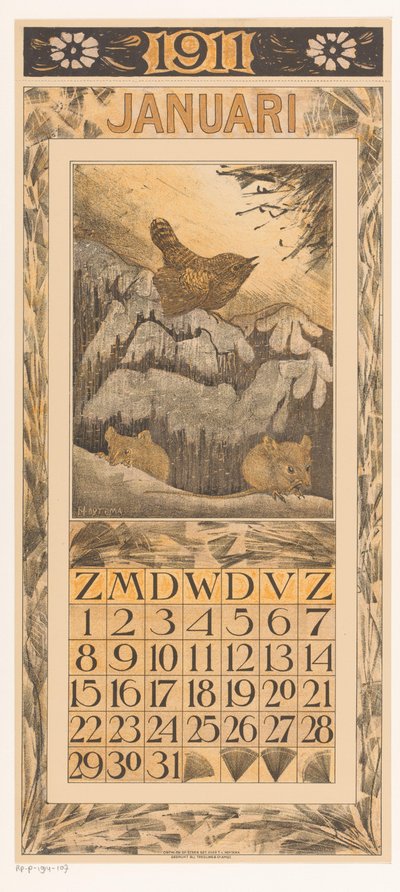 Hoja de calendario de enero con reyezuelos y ratones
Calendario 1911 12 litografías de Th. v. Hoytema (título de la serie) de Theo van Hoytema