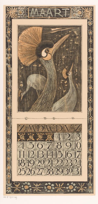 Hoja de calendario de marzo con grúas de corona
Calendario 1906 12 litografías de Th. v. Hoytema (título de la serie) de Theo van Hoytema