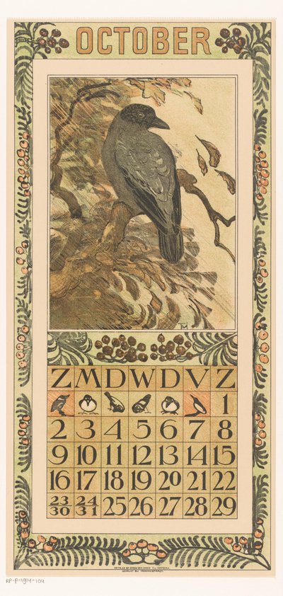 Hoja de calendario de octubre con cuervo encapuchado
Calendario 1910 12 litografías de Th. v. Hoytema (título de la serie) de Theo van Hoytema