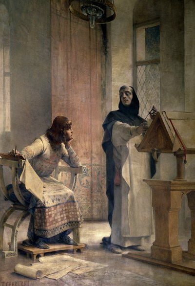 Luis IX (1214-1270), antes de convertirse en rey de Francia, estudió matemáticas con Vincent de Beauvais (1190-1264), hermano dominico, en la abadía de Royaumont. Pintura de Théobald Chartran (1849-1907). París, La Sorbona de Theobald Chartran