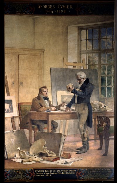 Paleontología: el Barón Georges Cuvier (1769-1832) reúne los documentos para su trabajo sobre huesos fósiles. Fresco de Theobal Chartran (1849-1907). Universidad de la Sorbona, París de Theobald Chartran