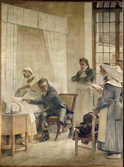 René Laennec auditando a un paciente frente a sus estudiantes de Theobald Chartran