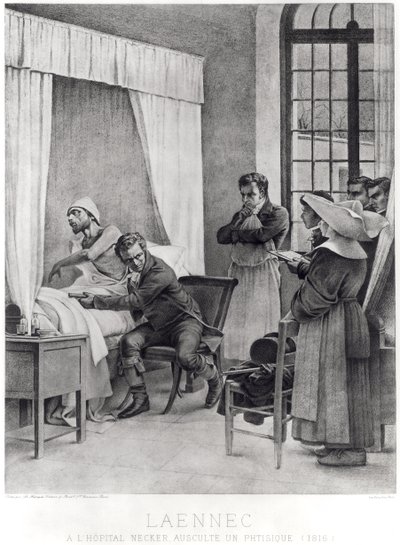 René Théophile Hyacinthe Laennec escuchando el pecho de un hombre con tuberculosis de Theobald Chartran
