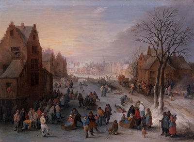 Un paisaje urbano invernal con numerosas figuras de Theobald Michau