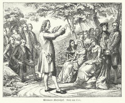 La Corte de las Musas de Weimar: el poeta y dramaturgo alemán Friedrich Schiller leyendo en Schloss Tiefurt, con Christoph Martin Wieland, Johann Wolfgang Goethe y Johann Gottfried Herder entre los oyentes de Theobald Reinhold von Oer