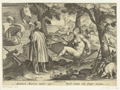 Amerigo Vespucci pisa América America. Américas Américas retexit. Semel vocauit inde semper excitam (título sobre objeto) Nuevos inventos y descubrimientos (título de la serie) Nova Reperta (título de la serie) de Theodoor Galle