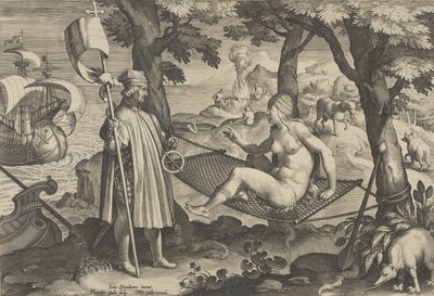 Nuevas invenciones de los tiempos modernos [Nova Reperta], El descubrimiento de América, placa 1, ca. 1600 de Theodoor Galle
