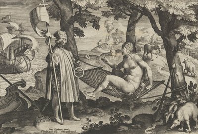 Nuevas Invenciones de los Tiempos Modernos [Nova Reperta], El Descubrimiento de América, placa 1, ca. 1600 de Theodoor Galle