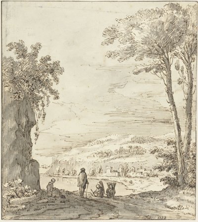 Paisaje fluvial italiano con excursionistas junto a una roca de Theodoor Wilkens