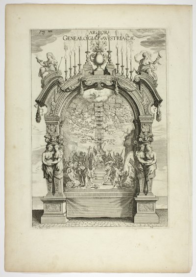 Árbol genealógico de la familia real austriaca, placa 32 de Casperius Gevartius, Pompa Introitus Honori Serenissimi Principis Ferdinandi (Entrada triunfal del Serenísimo y Honorable Cardenal-Infante Fernando) de Theodoor van Thulden