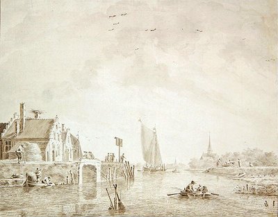 Embarcaciones en un estuario junto a un pueblo con una ciudad en la distancia de Theodor Verrijk