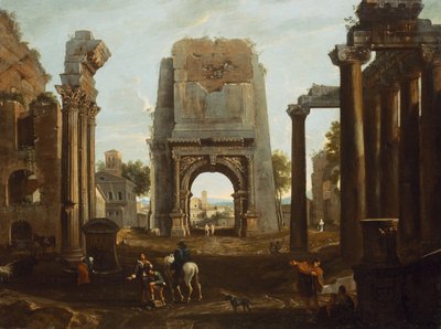 Capriccio de ruinas romanas con el arco de Tito y figuras (óleo) de Theodor (circle of) Helmbreker