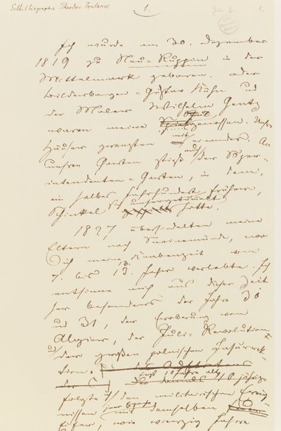 Página de la autobiografía de Fontane (pluma y tinta sobre papel) de Theodor Fontane