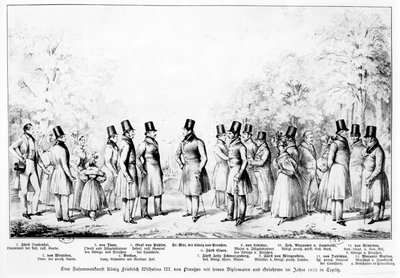 El Rey Federico Guillermo III de Prusia reunido con diplomáticos, soldados y hombres eruditos en la ciudad balneario de Teplitz en 1833 de Theodor Hosemann
