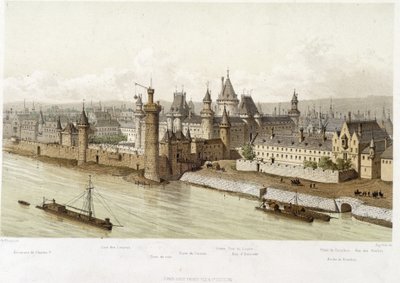 El Louvre en la época de Carlos V (circa 1380) - en “París desde el siglo XIII hasta la actualidad” por Hoffbauer, ed. Firmin Didot & Cie de Theodor Josef Hubert Hoffbauer