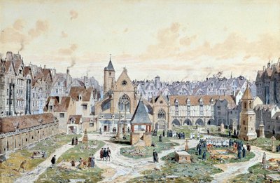 Vista del cementerio de los Inocentes en París en 1550 de Theodor Josef Hubert Hoffbauer