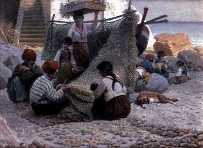 Pescadores reparando redes en Capri de Theodor Leopold Weller