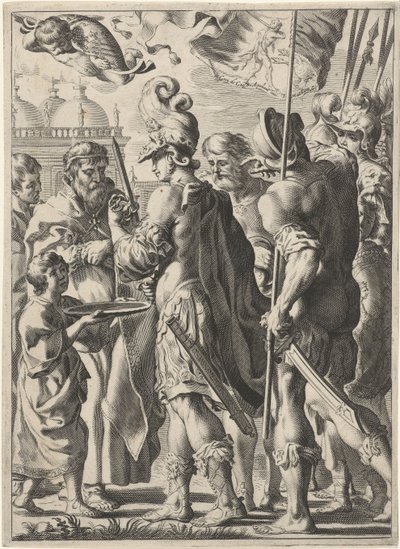 Alejandro Magno cortando el nudo gordiano con su espada de Theodor Matham