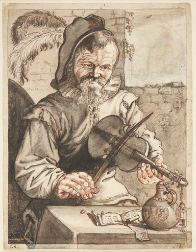 Un violinista, medio cuerpo de frente, sentado frente a una mesa con partituras, una jarra y un vaso de Theodor Matham