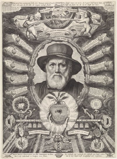 Retrato de Dirck Volckertsz. Ciervo Coorn en marco alegórico de Theodor Matham