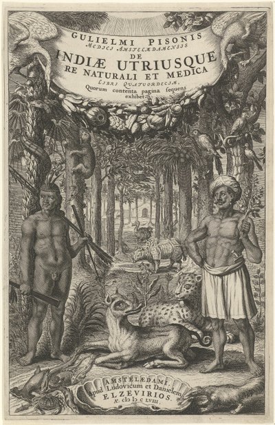 Dos hombres y animales salvajes frente a un bosque
Portada de: Indiae Utriusque, 1658 de Theodor Matham