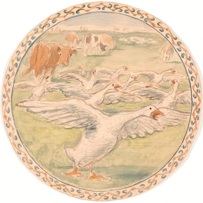 Vacas pastando y gansos graznando (boceto para plato cerámico) de Theodor Philipsen