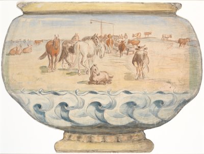 Caballos y vacas en Hollænderbrønden en Saltholm (boceto para ponchera) de Theodor Philipsen