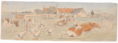 Vacas y gansos en Nyværk en Saltholm (boceto para decoración de ponchera) de Theodor Philipsen