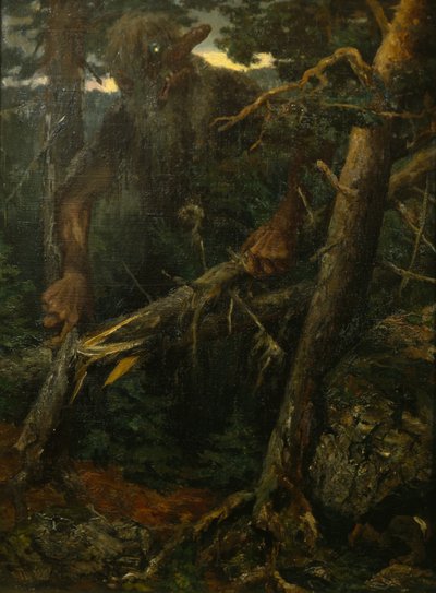 Viejo troll rompiendo árboles en el bosque de Theodor Kittelsen