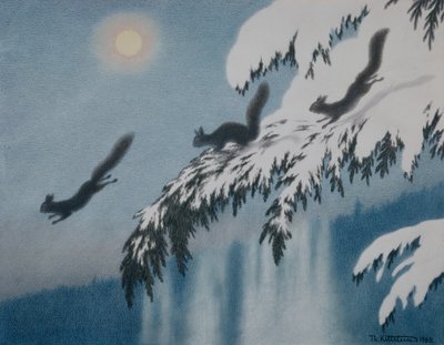 Tarde de invierno - Ardilla en vuelo de Theodor Kittelsen