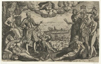 Comparación entre Oranje y Alva, con la Furia española de fondo, hacia 1577 de Theodor de Bry (attributed to)