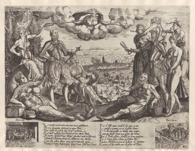 Comparación entre Oranje y Alva, con la Furia española de fondo, hacia 1577 de Theodor de Bry (attributed to)