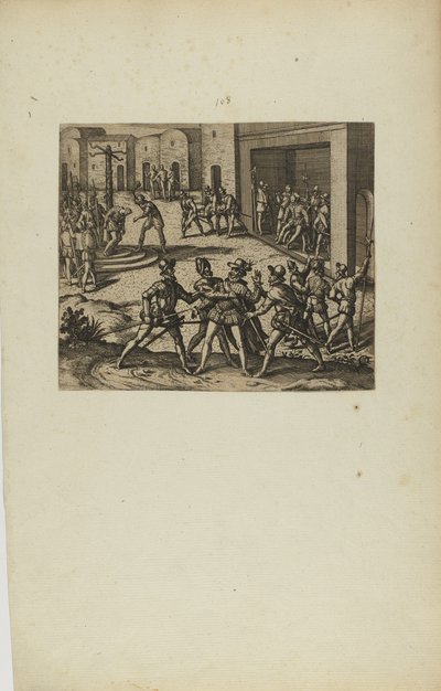 (Jacobus Almagrus a Ferdinando Pizarro Invincula Coniicitur in Carcere....) (del libro, Americae, sexta parte) de Theodor de Bry