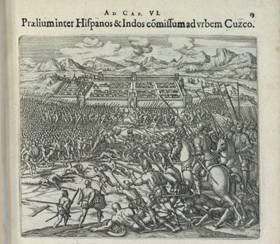 Batalla entre los españoles y los indios en las puertas de Cuzco, 1596 de Theodor de Bry