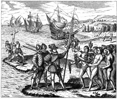 Cristóbal Colón (1451-1506) Explorador genovés, descubridor de América - 12 de mayo de 1492. Grabado de Theodore de Bry 1590. de Theodor de Bry