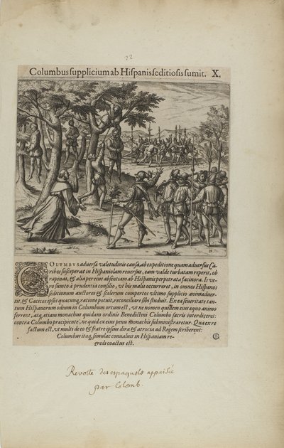 Columbus Supplicium ab Hispanis Seditiosis Sumit. X. (del libro, Americae, cuarta parte) de Theodor de Bry