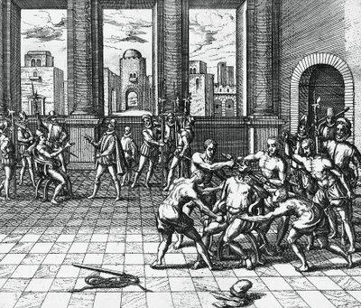 El emperador inca Atahualpa es garroteado por las tropas de Pizarro, 26 de julio de Theodor de Bry