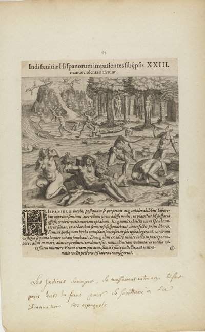 Indisaeuitiae Hispanorum Impatientes Sibi Psis/Manus Violentas Inserunt. XXIII. (del libro, Americae, cuarta parte) de Theodor de Bry