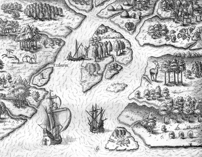 Jean Ribault erige una columna con las armas del rey de Francia en Charlesfort de Theodor de Bry