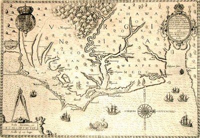 Mapa de 1590 grabado por Theodore de Bry a partir de una acuarela del colono inglés John White, gobernador de Roanoke. Virginia y costa con pequeñas islas y Roanoke en la desembocadura del río. Tierras nativas de Secotan y Weapemeoc. de Theodor de Bry