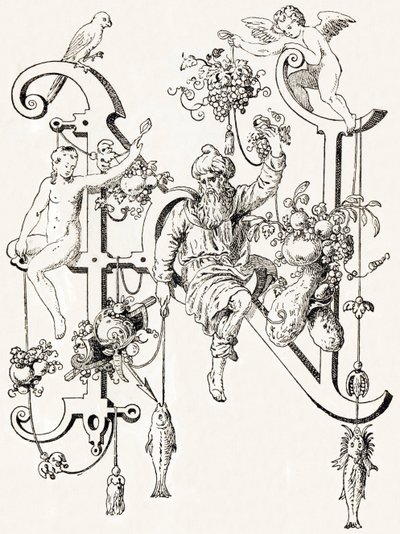 N - El sabio Natham - Alfabeto de T. de Bry (nuevo alfabeto artístico) de Theodor de Bry