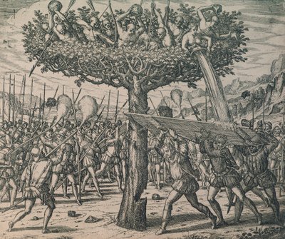 Nativos escondidos en los árboles luchando contra los conquistadores de Theodor de Bry