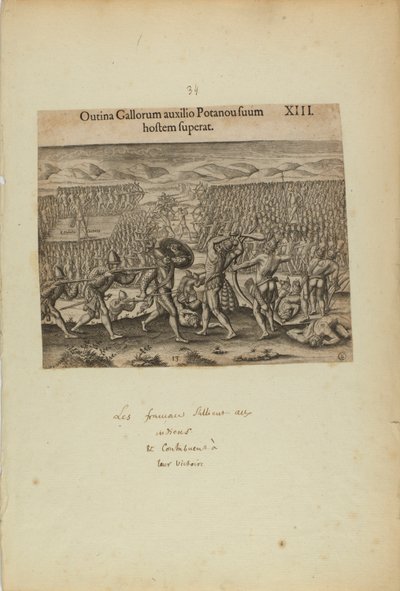 Outina Gallorum Auxilio Potanou Suum Hostem Superat. XIII. (del libro, Americae, segunda parte) de Theodor de Bry