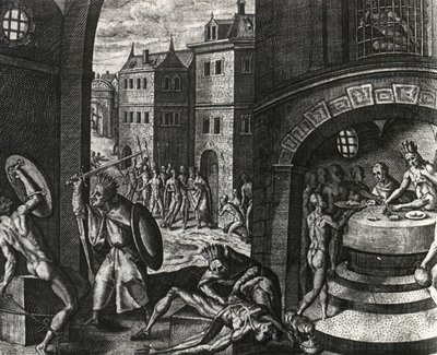 Sacerdote mata a la víctima de una falsa pelea y luego despelleja el cuerpo, México, grabado de Peregrinationes, de Theodor de Bry (1528-1598), América Central de Theodor de Bry