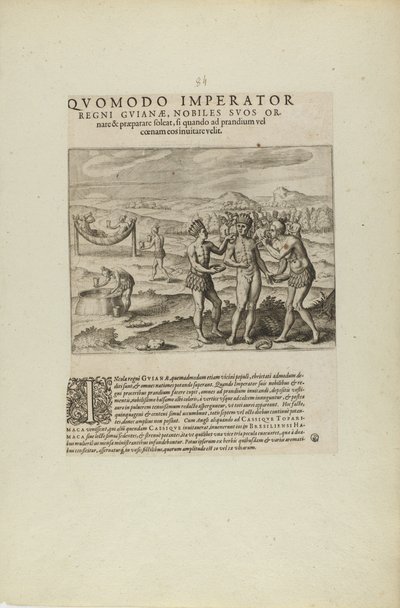 Quomodo Imperator/Regni Guianae, Nobiles Suos Or-/Nare.... (del libro, Americae, partes siete y ocho) de Theodor de Bry