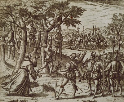 Sentencia a la horca de algunos hombres de Cristóbal Colón en el Nuevo Mundo, por Theodore de Bry de Theodor de Bry