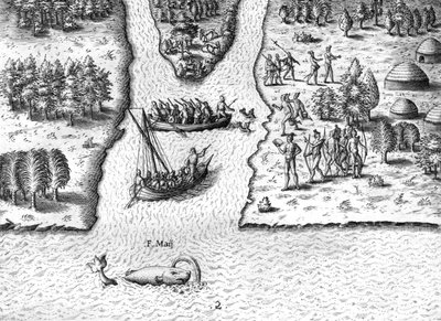 Las velas francesas en el río May de Theodor de Bry
