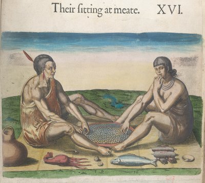 Sentados a la mesa". Grabado de dos figuras sentadas sobre una tira de estera, comiendo con la mano derecha de un gran plato circular que contiene granos de comida. La mujer lleva un collar de cuentas y una túnica de piel con flecos sobre el hombro izquier de Theodor de Bry