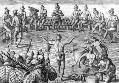 Indio Timucua con exploradores franceses de Theodor de Bry