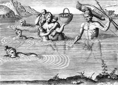 Familia de indios timucanos cruzando un río de Theodor de Bry